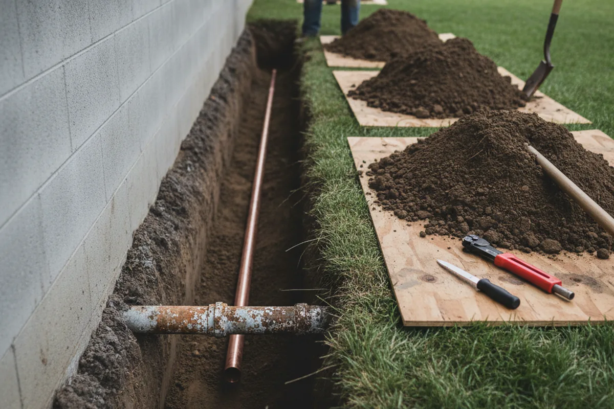 Excavated water line trench during Water Heater Repair in Lemont Furnace